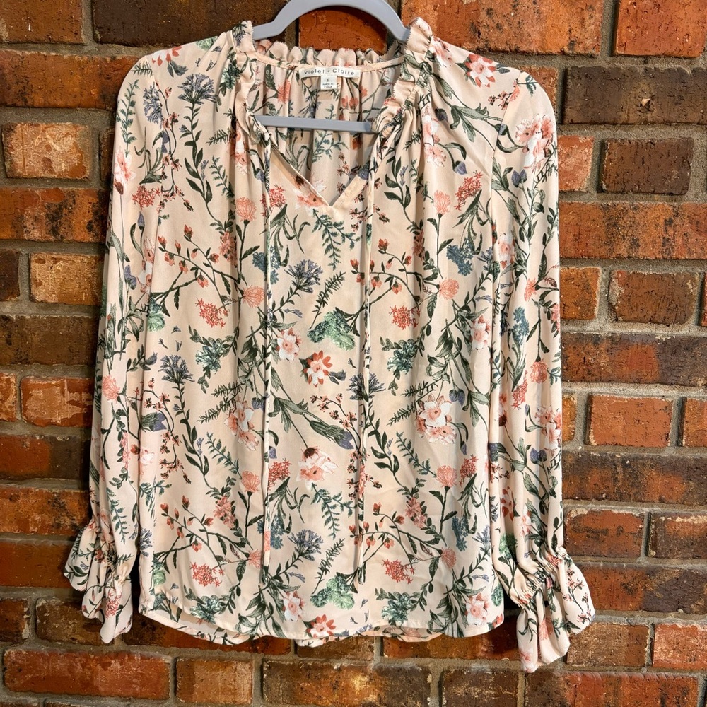 Violet + Claire womens floral balloon sleeves peasant top pink small